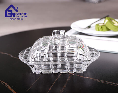 Factory high-end rectangular shape glass butter dish plate with lid for table use