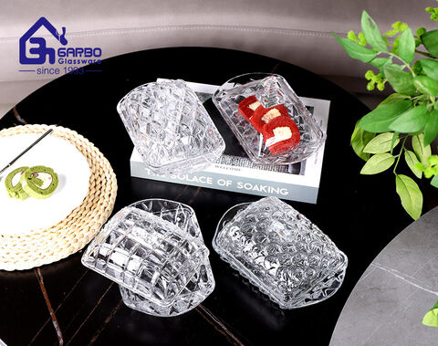 Factory high-end rectangular shape glass butter dish plate with lid for table use