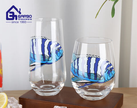 Customize designs 17oz high ball borosilicate glass cup with ocean fish decal