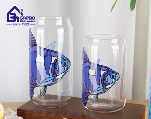 Customize designs 17oz high ball borosilicate glass cup with ocean fish decal