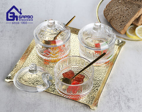 Wholesale Glass Candy Jar Engraved Design Glass Bowl with Lid