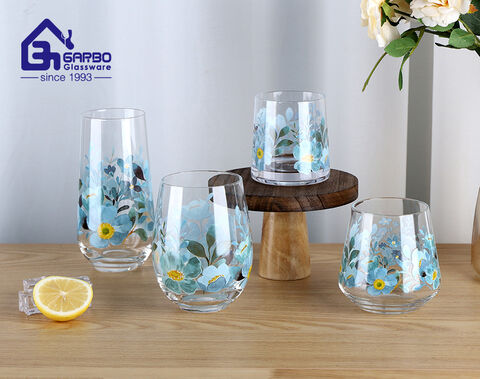 Handblown high borosilicate heat-resistant water drinking tumbler with customized decal design
