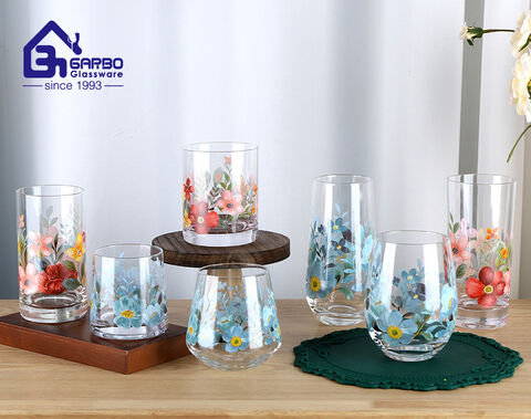 Handblown high borosilicate heat-resistant water drinking tumbler with customized decal design