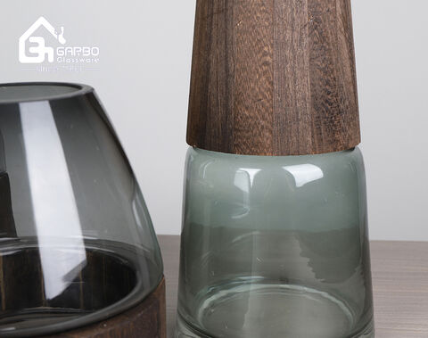 Vase à fleurs en verre fait main de luxe, décor en bois, fournisseur chinois