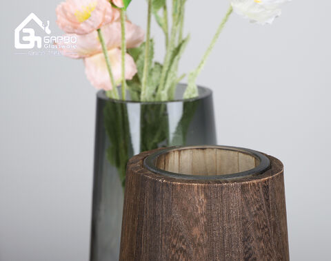 Vase à fleurs en verre fait main de luxe, décor en bois, fournisseur chinois