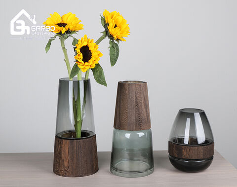 Usine de vase à fleurs en verre de décoration en bois de forme différente de 3 modèles