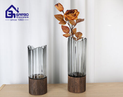 Vaso de vidro luxuoso de cor sólida cinza com madeira para o mercado europeu
