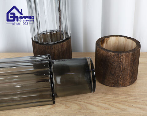 Luxuriöse graue Vase aus einfarbigem Glas mit Holz für den europäischen Markt