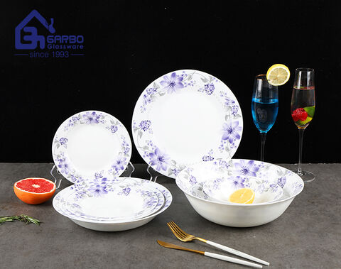 Conjunto de jantar de vidro opala branco com 10 peças de fábrica na China com design de decalque roxo personalizado para uso doméstico