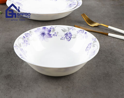 Conjunto de jantar de vidro opala branco com 10 peças de fábrica na China com design de decalque roxo personalizado para uso doméstico