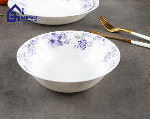 China factory 10pcs white opal glass dinner set with customized purple decal design for home use