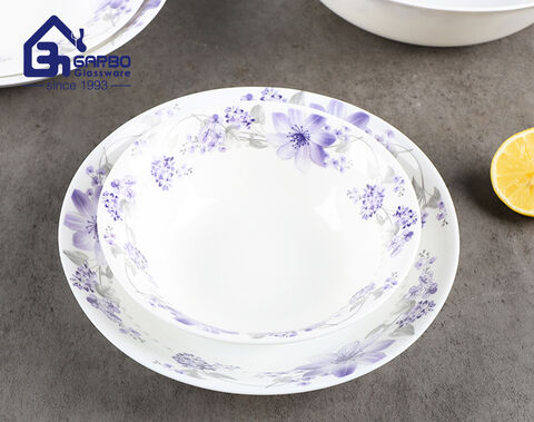 Nhà máy Trung Quốc Bộ 10 bộ đồ ăn tối bằng thủy tinh opal trắng với thiết kế decal màu tím tùy chỉnh để sử dụng tại nhà