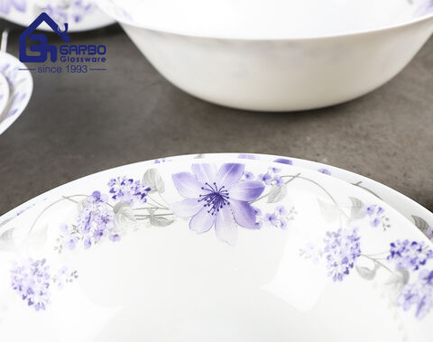Juego de cena de vidrio opalino blanco de 10 piezas de fábrica de China con diseño de calcomanía púrpura personalizado para uso doméstico