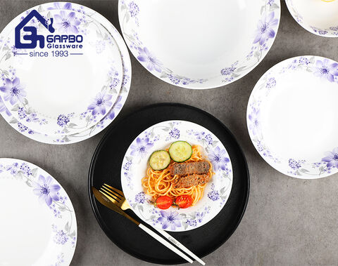 Juego de cena de vidrio opalino blanco de 10 piezas de fábrica de China con diseño de calcomanía púrpura personalizado para uso doméstico