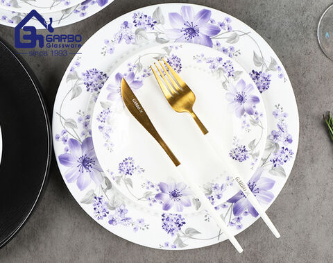 中国工場 10 個ホワイトオパールガラスディナーセット、家庭用にカスタマイズされた紫色のデカールデザイン