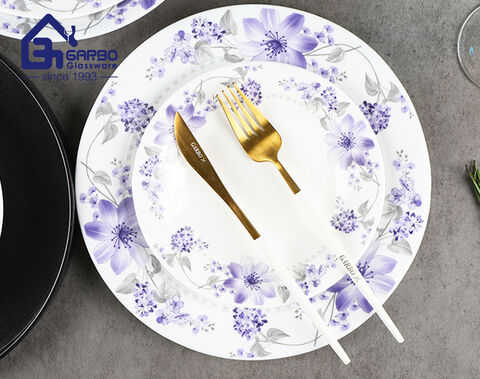 Conjunto de jantar de vidro opala branco com 10 peças de fábrica na China com design de decalque roxo personalizado para uso doméstico