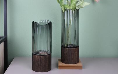 Vase en verre de couleur unie gris de luxe avec bois pour le marché européen