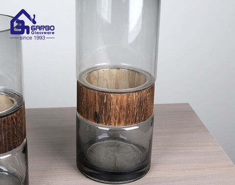 Vase décoratif en verre cylindrique gris d'environ 10 pouces pour fleur avec décor en bois