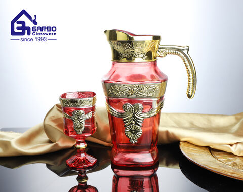 Conjunto de jarro de vidro em spray colorido do Oriente Médio com borda dourada de 7 peças fornecedor da China