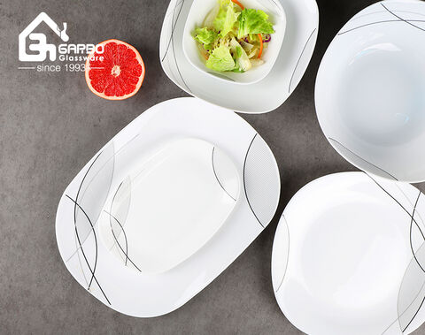 Prato de comida de fabricante chinês Prato de jantar de vidro opala branco com novo decalque