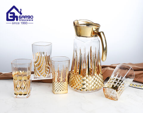 Machine-made high white quality Africa style 7pcs glass pitcher jug set with golden plating design