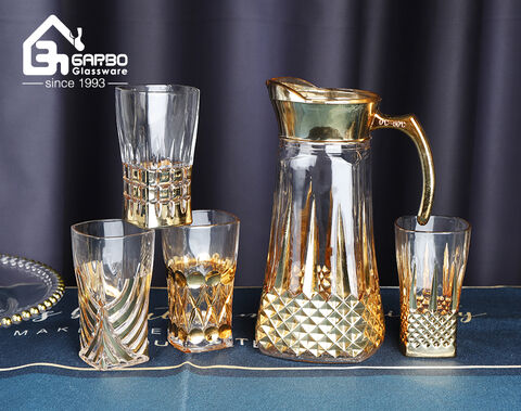 High-white 7pcs glass water pitcher set with golden decor design for home use