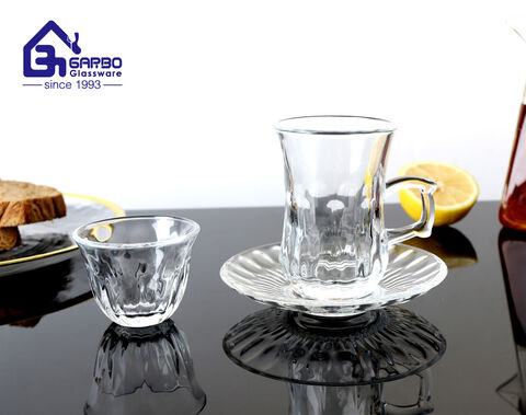 3 new designs engraved glass tea cup with saucer and cawa cup