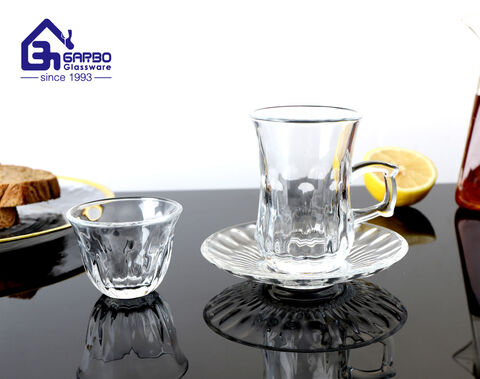 3 neue Designs gravierte Teetasse aus Glas mit Untertasse und Cawa-Tasse