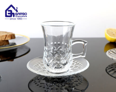 3 nuevos diseños de taza de té de vidrio grabado con platillo y taza cawa