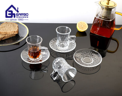 Middle East style engraved design glass cup saucer factory wholesale