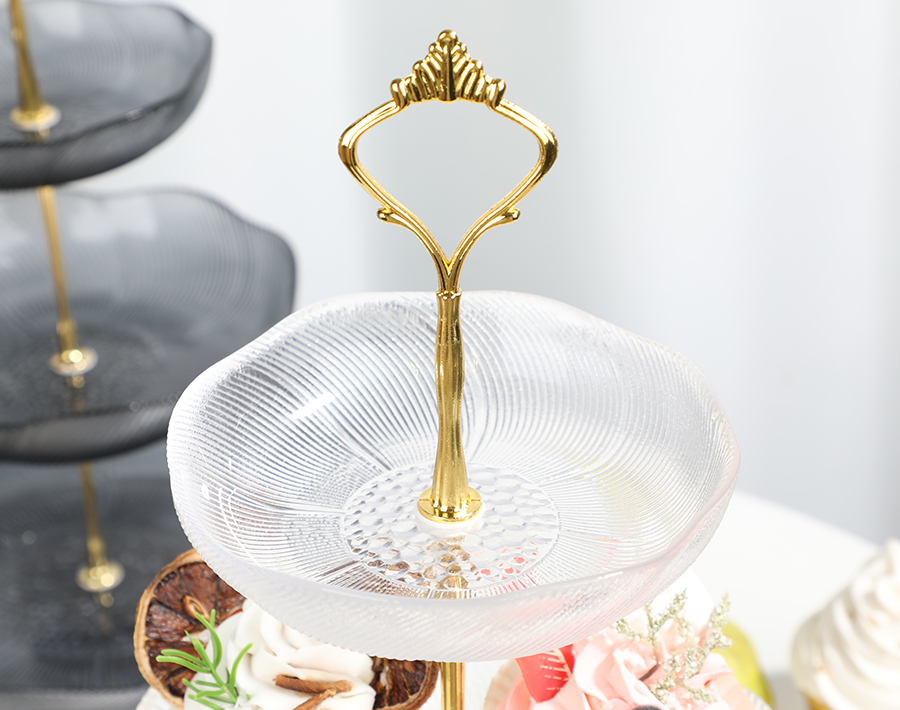 Elegant 3-Layer Glass Cake Plate with iron shlef handmade design