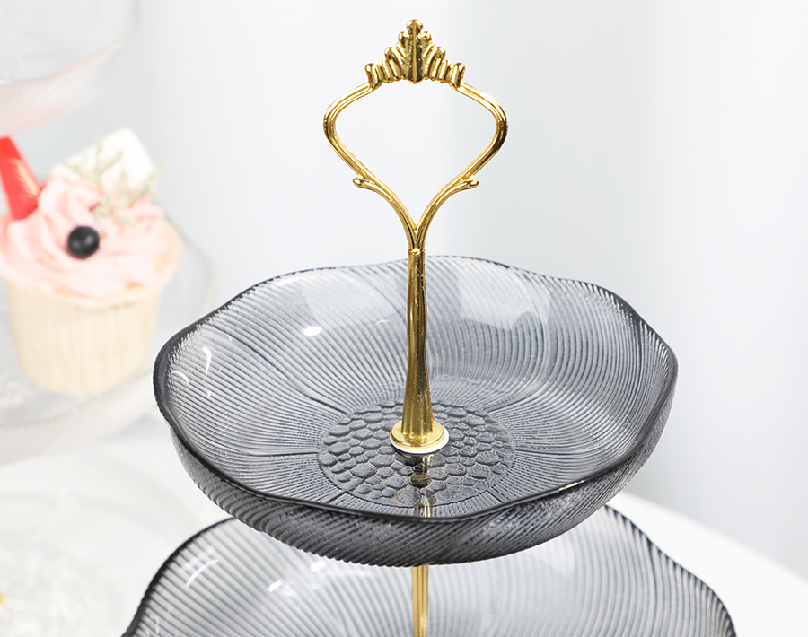 Elegant 3-Layer Glass Cake Plate with iron shlef handmade design