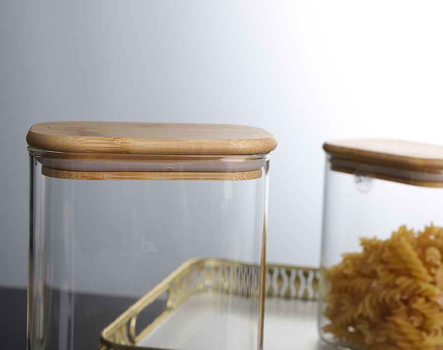 Rectangle shaped 1300ml 45.8OZ  Borosilicate Glass Jar Airtight Seal Bamboo lid  Glass Canister Branded logo