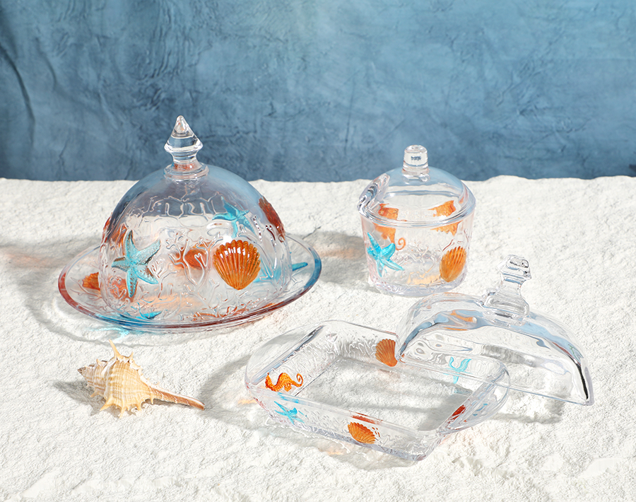 New Design Deepsea Series High-end Rectangular Shape Glass Butter Cake Plate with Lid