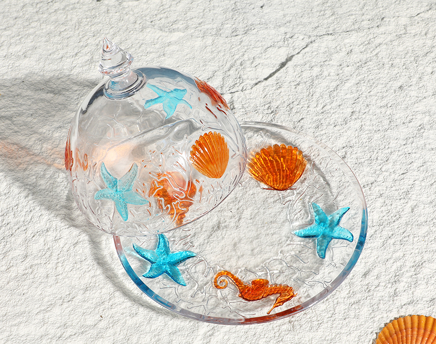 New Design Deepsea Series High-end Rectangular Shape Glass Butter Cake Plate with Lid