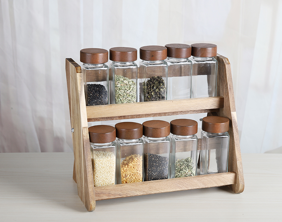 11psc set glass storge jar with wooden shelf factory wholesale