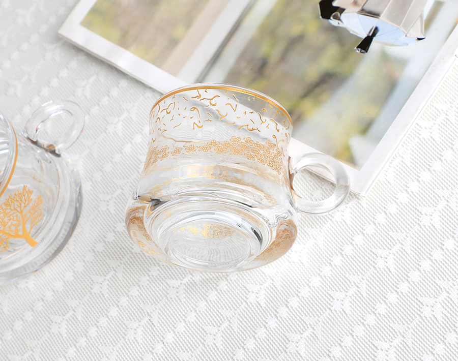 80ml hot sale round glass coffee mug with customized golden decal tree designs