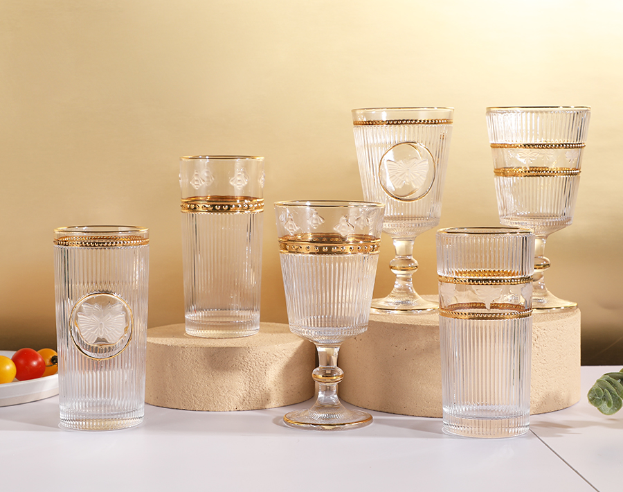 Golden plating butterfly bee engraved design glass cup series suppliers