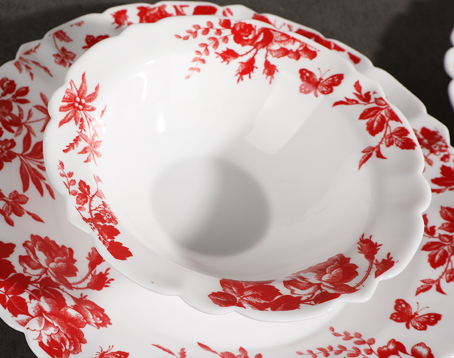 Red flower decal design opal glass dinner set factory wholesale