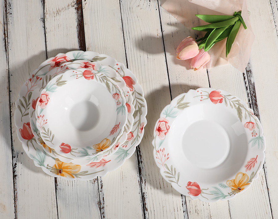 Red flower decal design opal glass dinner set factory wholesale
