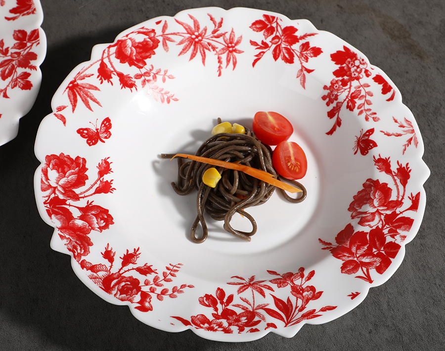 Red flower decal design opal glass dinner set factory wholesale