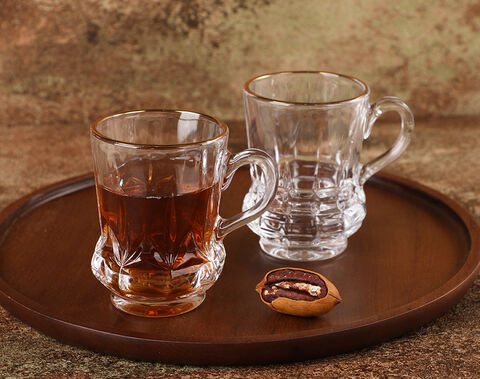 New Design 5 Oz Glass Tea Mugs Middle East Golden Rim Engraved Glass Cup With Handle 
