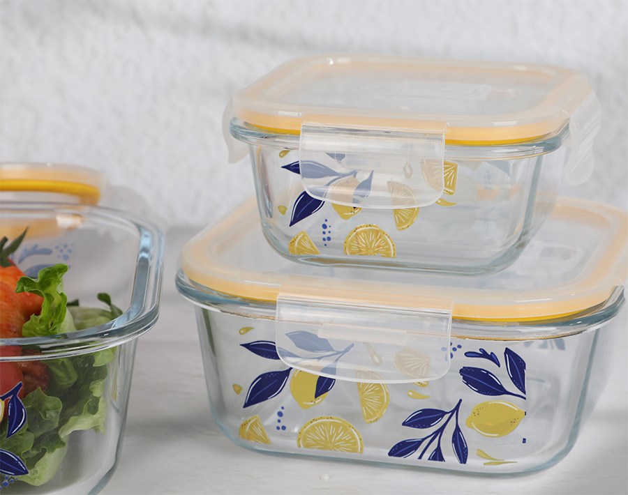 320/500/800/1200ML lemon decal square glass lunch box for food storage in bulk pack