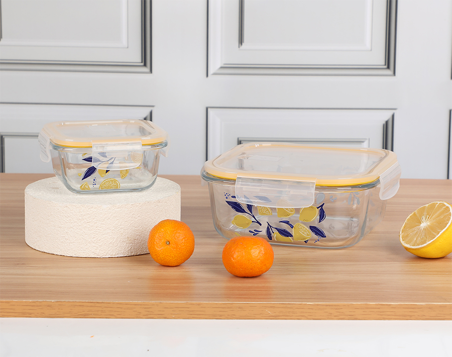 Square shape glass lunch box with silicone airtight lid lemon decal