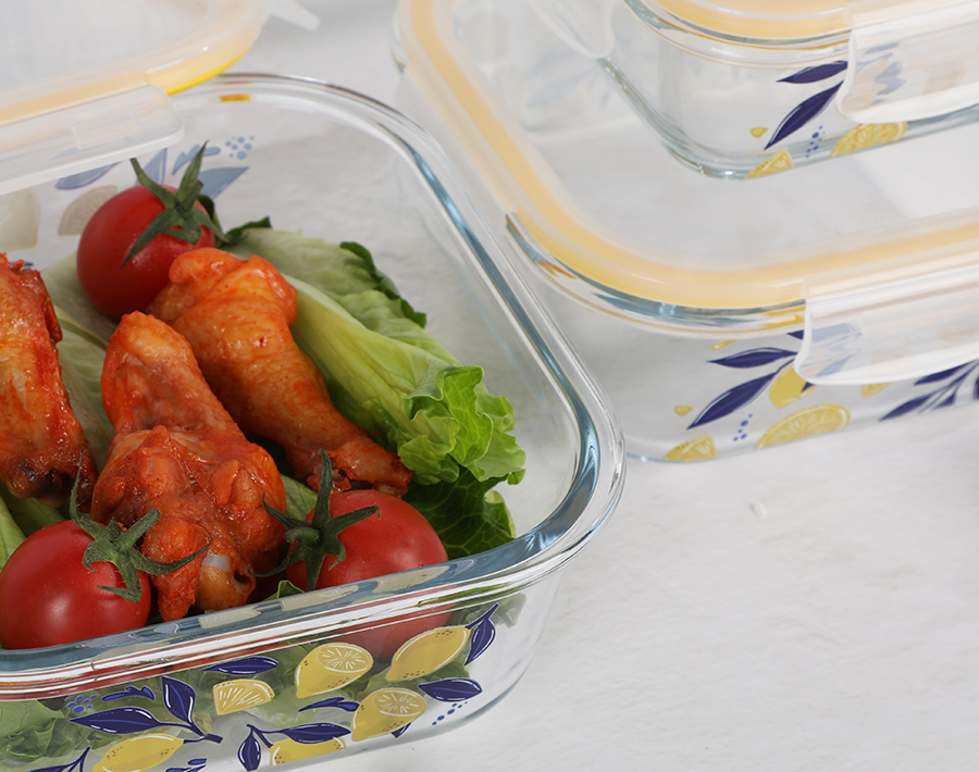 Square shape glass lunch box with silicone airtight lid lemon decal