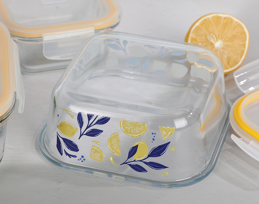 Square shape glass lunch box with silicone airtight lid lemon decal