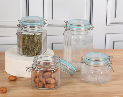 Bulk Order 700ml Glass Storage Jar Striped Design Glass Container  with locked lid 