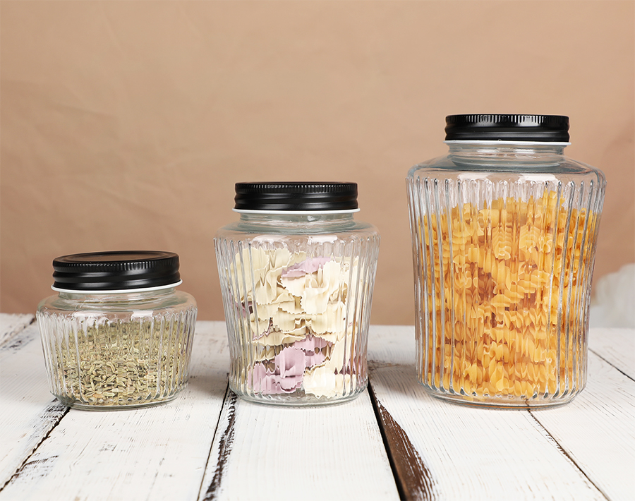 Large Glass storage jar with Stripe Design 1040ml glass storage can with black metal lid bulk 