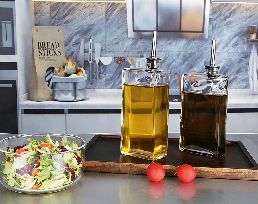 China New Design Square Glass Olive Oil Bottle with Stainless Steel Pourer wholesale