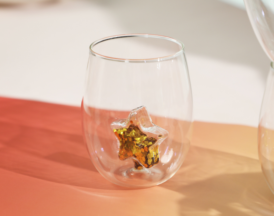 Shiny Christmas Stemless Wine Glass 17.6 ounce Factory OEM ODM Glass Drinkware Gold Star Butterfly Mushroom